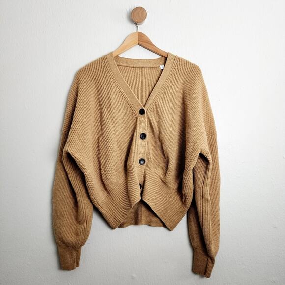 A.L.C May Ribbed Knit Slouchy V-Neck Merino Wool Cardigan Sweater in Camel - Picture 3 of 14
